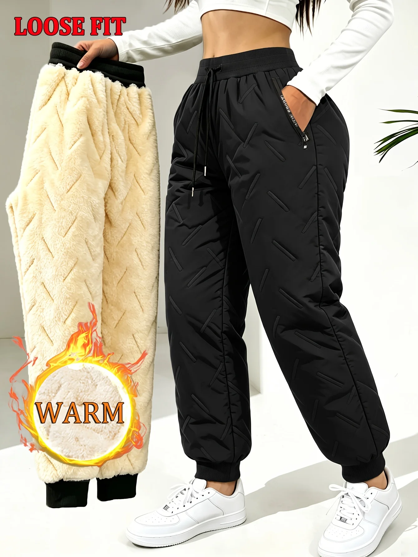 Herren- und Damen-Winter-Fleece-Freizeithosen mit Reißverschlusstaschen für bequeme Passform, Baumwollhosen, winddichte Hosen – Detail 8