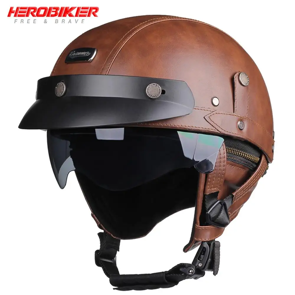 

Motorcycle Helmet Leather Retro Capacete De Moto Scooter German Dot Safety Vintage Casco Moto Helmet 4 Seasons Motorbike Helmets