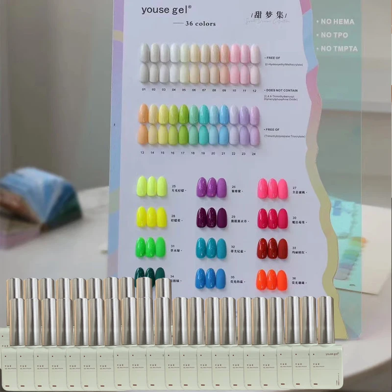 

36-color dopamine fluorescent nail polish gel set with color chart, spring/summer UV nail gel, DIY nail art tools, nail art char