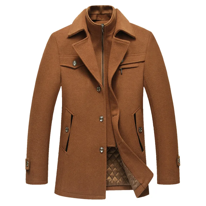 Mens Winter Woolen Coats men Long Sleeve Turn Down Collar Faux Two-piece Work Business Wool Jacket Overocat for Man