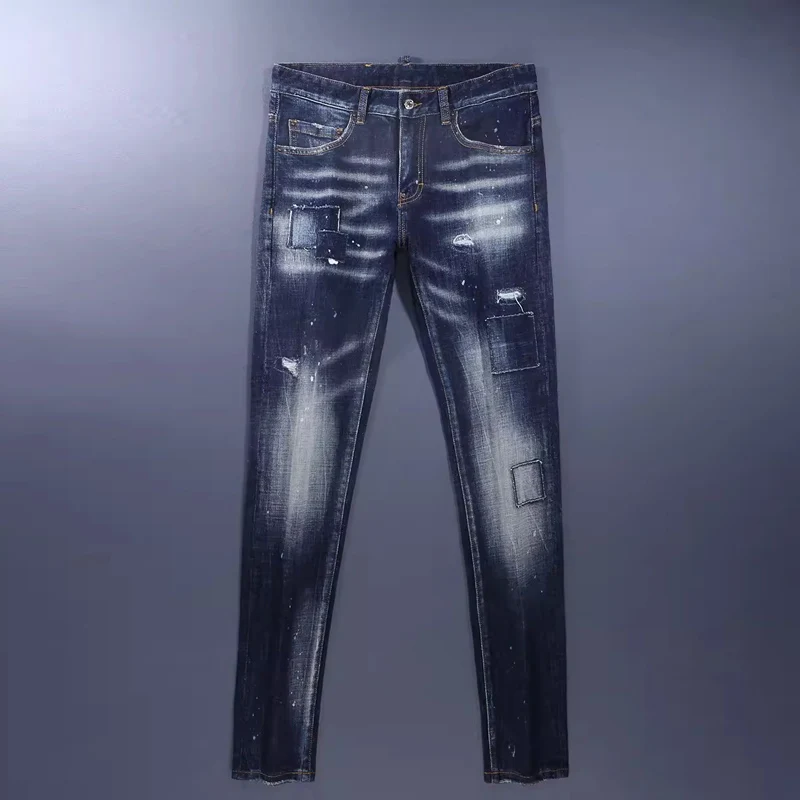 Men Deep‑Blue Streaky Whisker Wash Embossed Square Patch Mark Paint Speckle Stretch Skinny Denim Jeans Hip‑Hop Streetwear Denim