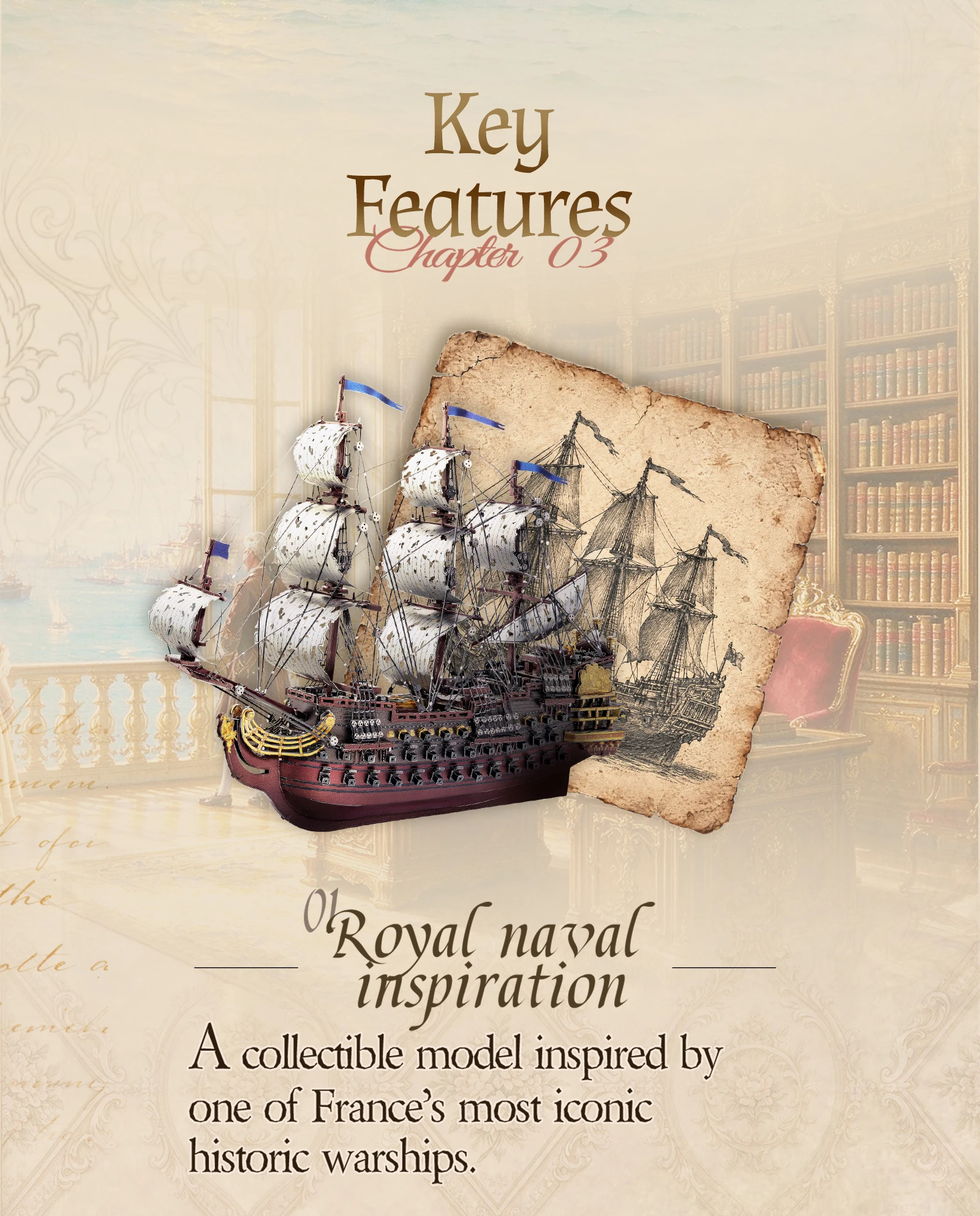 Le Soleil Royal 3D Metal Ship Model Kit full view