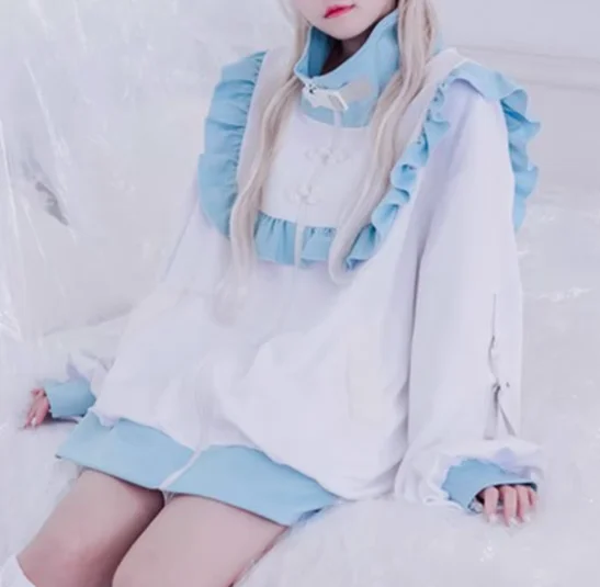 ربيع الخريف موضة جديدة فضفاضة الصينية زر سترة طويلة الأكمام فتاة حلوة كلية اليابانية العمر الحد الكشكشة سستة الأعلى