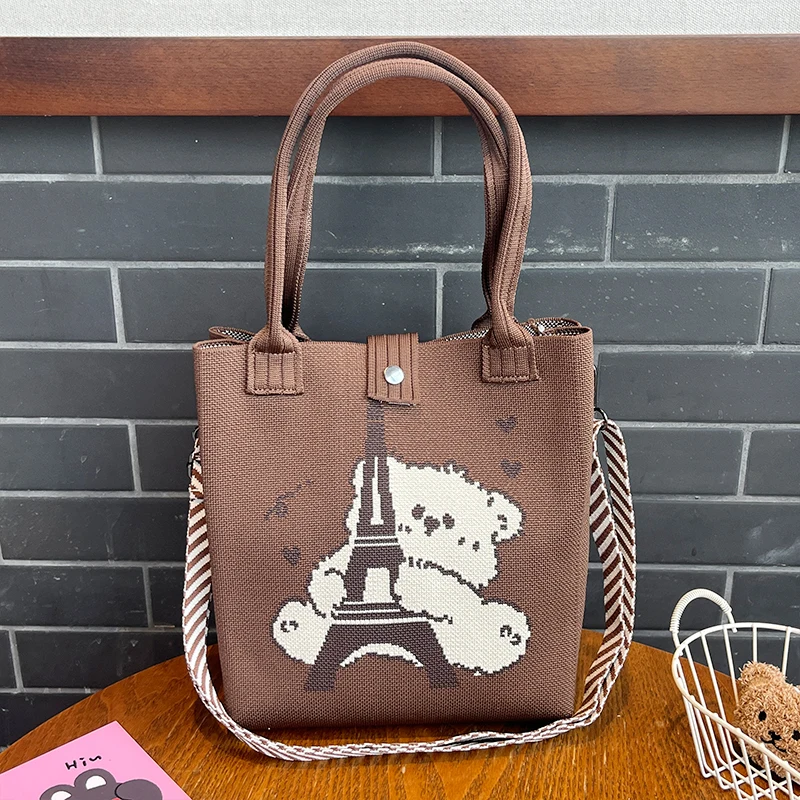 Cartoon Bear High-Quality Eco-Friendly Gift Bag, Multifunctional Knitted Shoulder Bag, Large Capacity Tote Bag, Suitable for Gifting to Family, Friends, Classmates, Holiday Shopping, Fashionable Crossbody Bag, Daily Casual Outing, Carrying Essentials, Women's Handbag