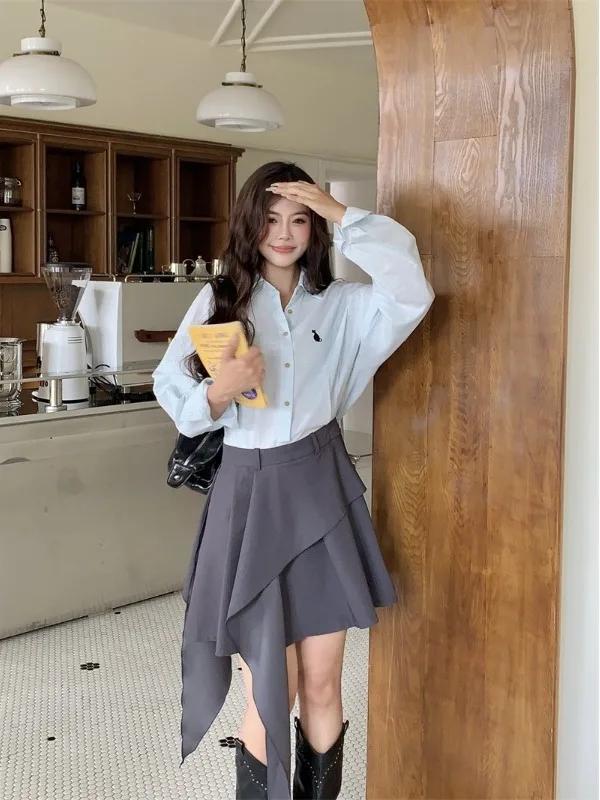 

plus Size Color Block Asymmetrical Hemline School Style Dress Slimming Waist Design Korean Style Commute Long Sleeve Short Dress