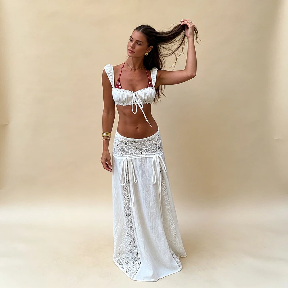 Boho Lace 2-Piece Outfit for Women White Ruffle Crop Top + Maxi Skirt Set, Tie Front Hollow Out Summer Beach Co-ord Casual Dress