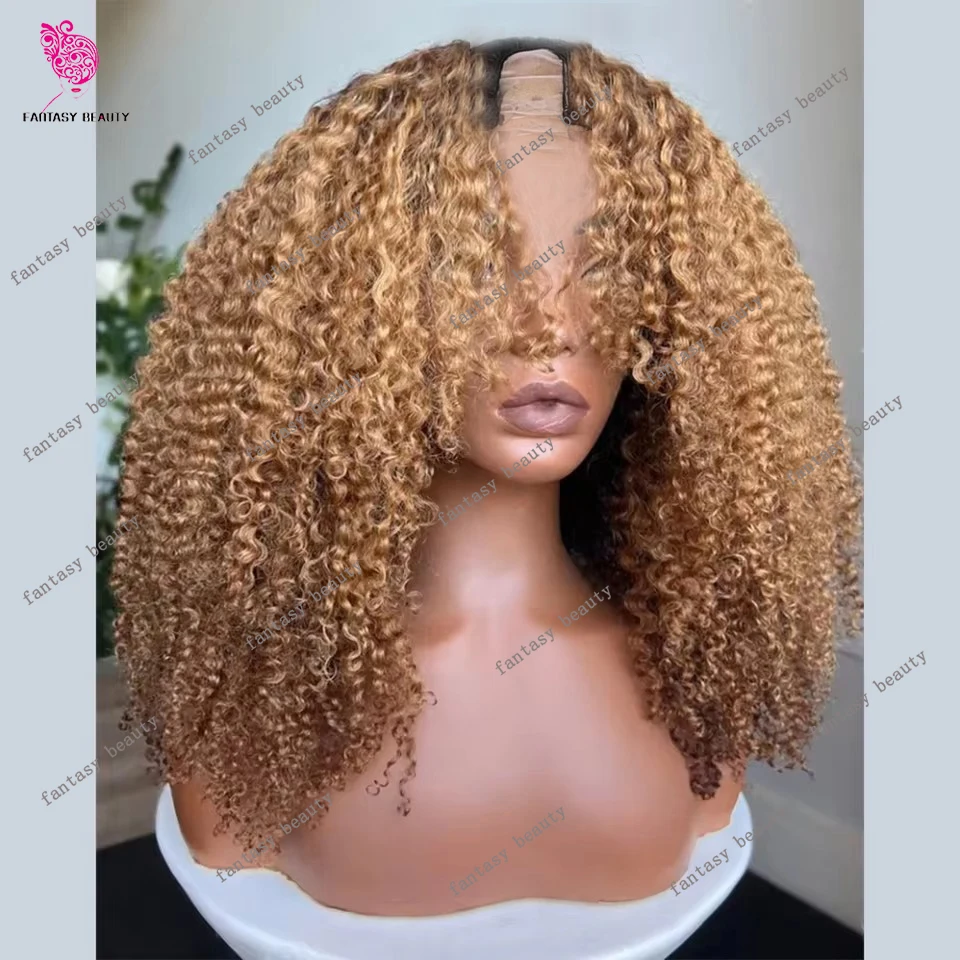 

Медовый золотистый блондин Афро-кудрявый вьющийся U-образный парик из необработанных человеческих волос Ombre Коричневый Мягкий бесклеевой парик с V-образной частью Толстый конец 250 Плотность