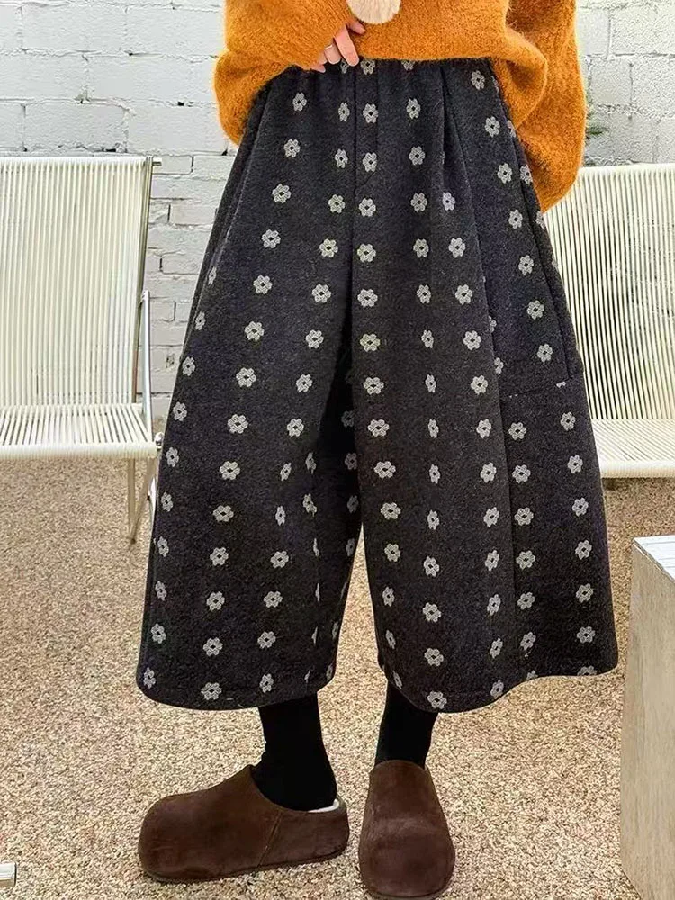 Vintage Print Faux Wool Calf Length Pants Women Winter Thick Loose All Match Wide Leg Pants Y2K Japan Streetwear Capri Trousers