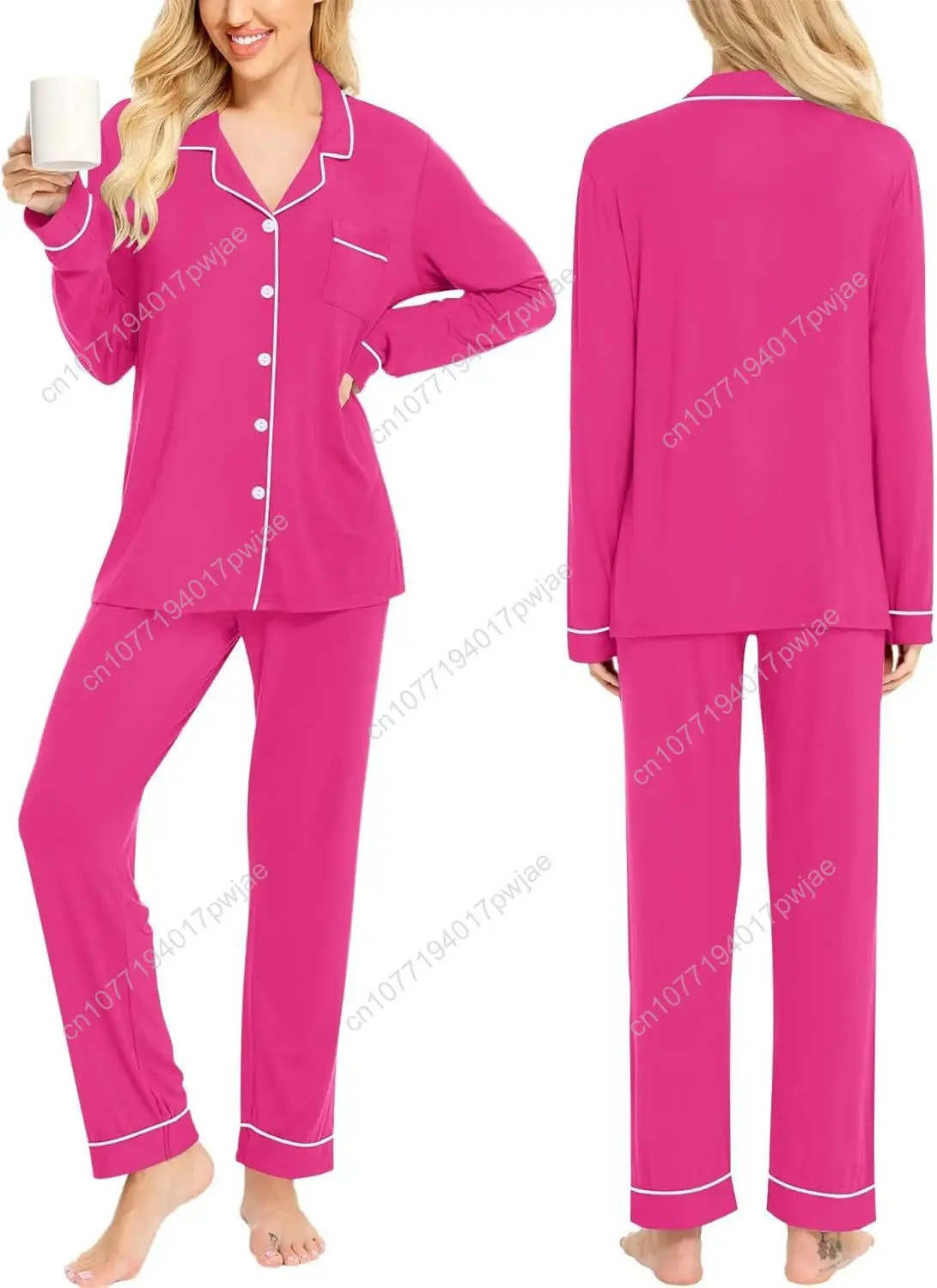 SWOMOG Damen-Pyjama-Set, langärmelig, Nachtwäsche, Knopfleiste, Nachtwäsche, weiche Baumwolle, Pj-Lounge-Sets