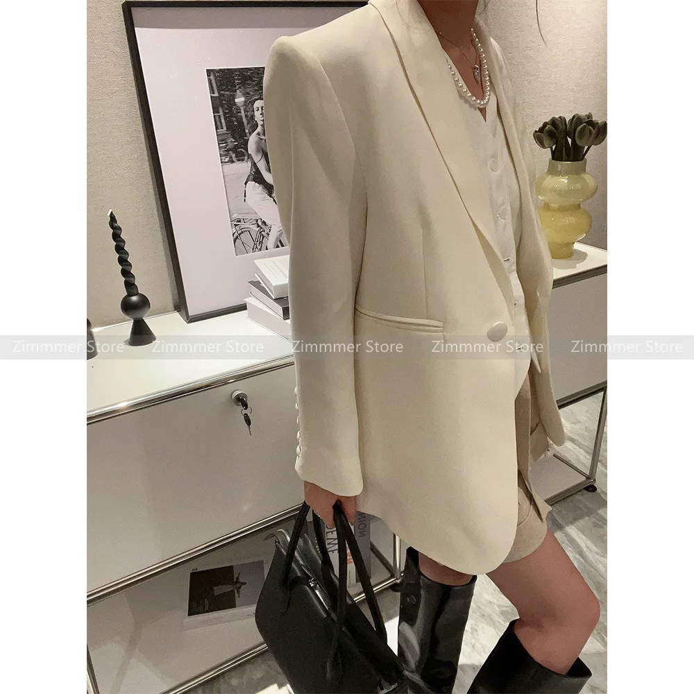 2024 Early spring new light luxury heavy weight silk wool white high quality simple minimalist blazer