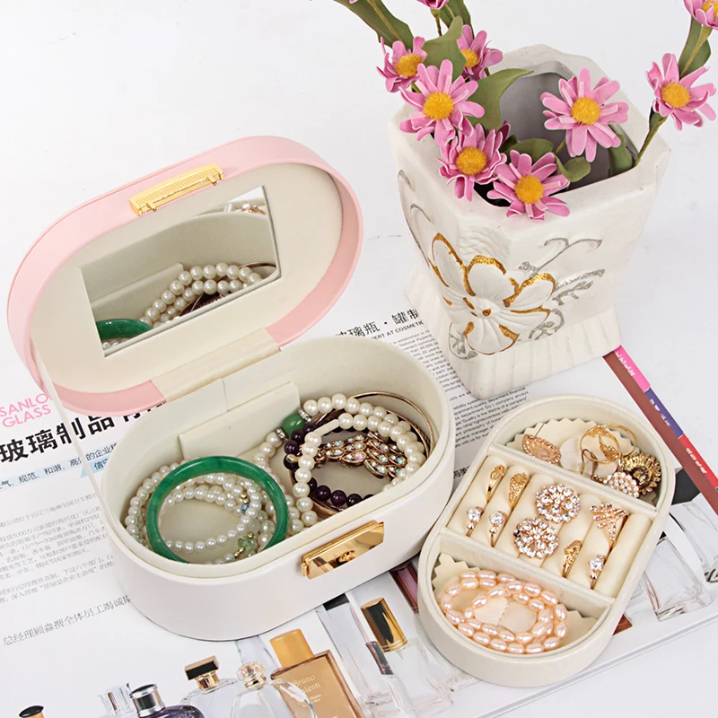 Two-Layer PU Mirrored Travel Jewelry Box Ring Necklace Bracelace Portable Jewelry Organizer Collection Storage Display