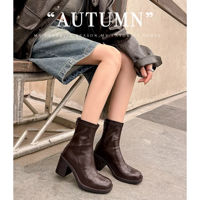 

2026 новые осенне-зимние женские ботильоны размером 22-24,5 см, современные ботинки из эластичной микрофибры с круглым носком, узкие ботинки на высоком каблуке с молнией сзади