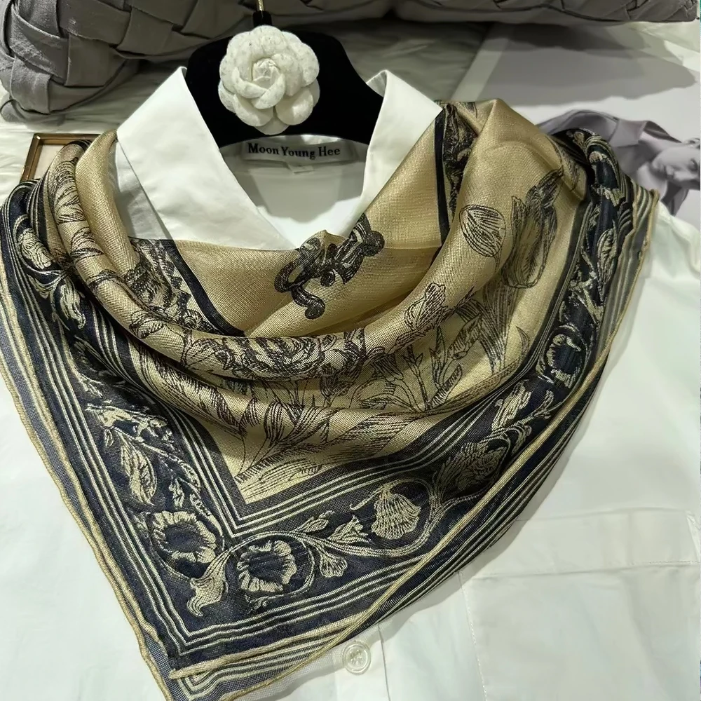 BYSIFA|Khaki Grey 100% Silk Shawl Scarf Fashion Brand Vintage Floral Style Square Scarves Fall Winter Ladies Scarf Hijab Printed