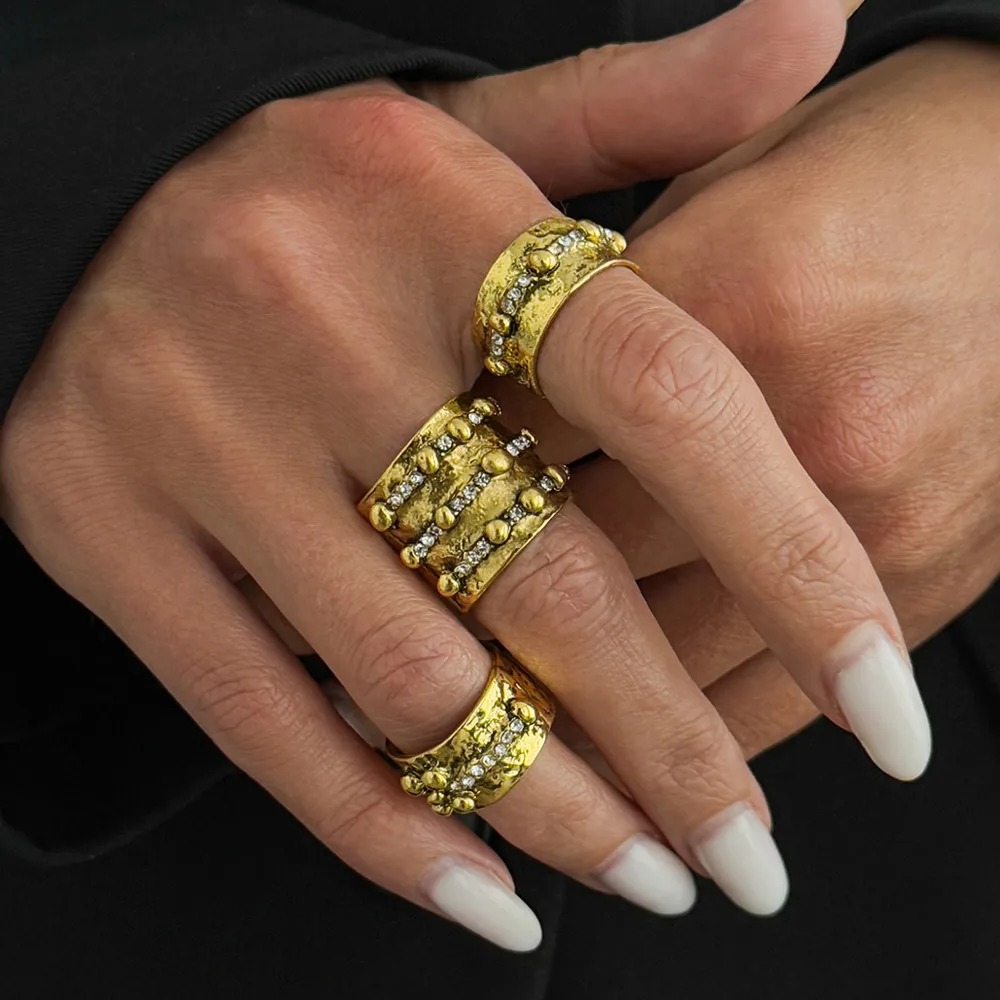 Ingemark 3Pcs Vintage Inlay Rhinestone Adjustable Open Rings Set for Women Hip-Hop Gold Color Knuckle Ring Punk Jewelry Gifts
