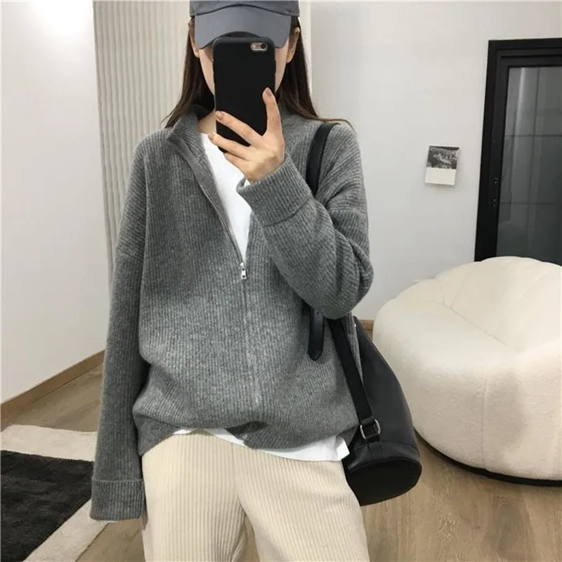 Cashmere sweater women\'s half high neck cardigan 100% wool knitted long sleeved jacket loose and soft sweater Korean fashion top