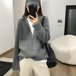 Cashmere sweater women's half high neck cardigan 100% wool knitted long sleeved jacket loose and soft sweater Korean fashion top