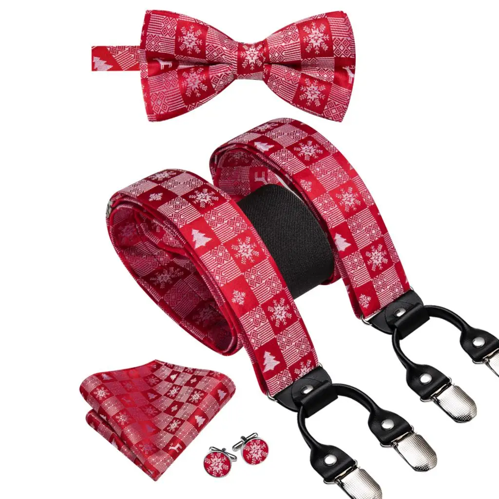 Neve vermelha seda Natal suspensório Bowtie, Hanky Cufflink, clipe ajustável em chaves de Natal masculino, casamento, atacado