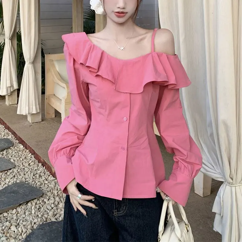 

Women's Clothing Off Shoulder Blouse French Style Skew Collar Spring Autumn Solid Color Fashionable Ruffles Patchwork Shirts New