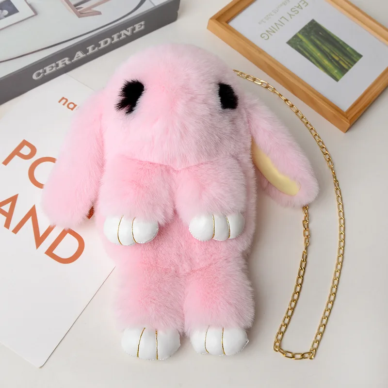 Lovely Fluffy Rabbit Fur Pom Poms Chain Bag Women Cartoon Rabbit Sling Bag Fluffy Bunny Shoulder Plush Backpack Girl Gifts