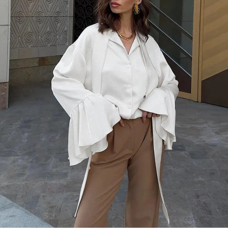 

Lazy and High-end Satin Ribbon Collar Women's Shirt 2025 Summer New Solid Color Ruffled Top