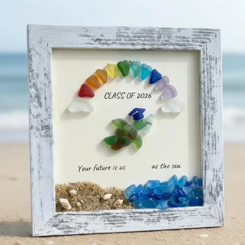 Natural Sea Glass Wooden Picture Frame Elegant Gift Stylish Beach Glass Frame F 55KF