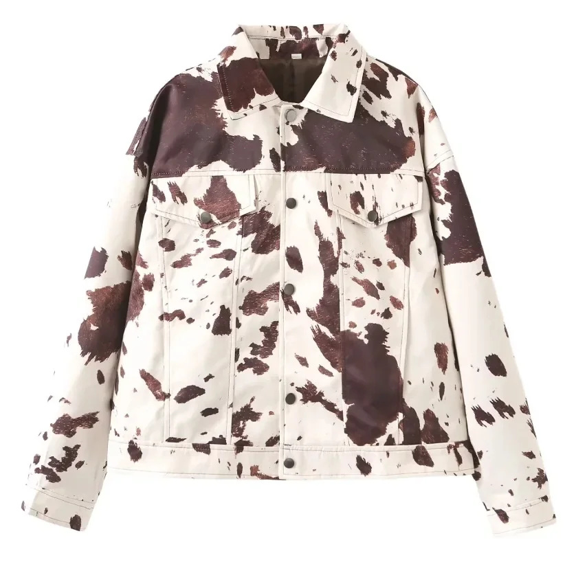 معاطف بأكمام طويلة وجيوب ضيقة معاطف عالية الشارع للتنقل في الخريف ملابس خارجية عصرية مطبوعة للنساء سترة من الفرو الجلدي غير رسمية #5