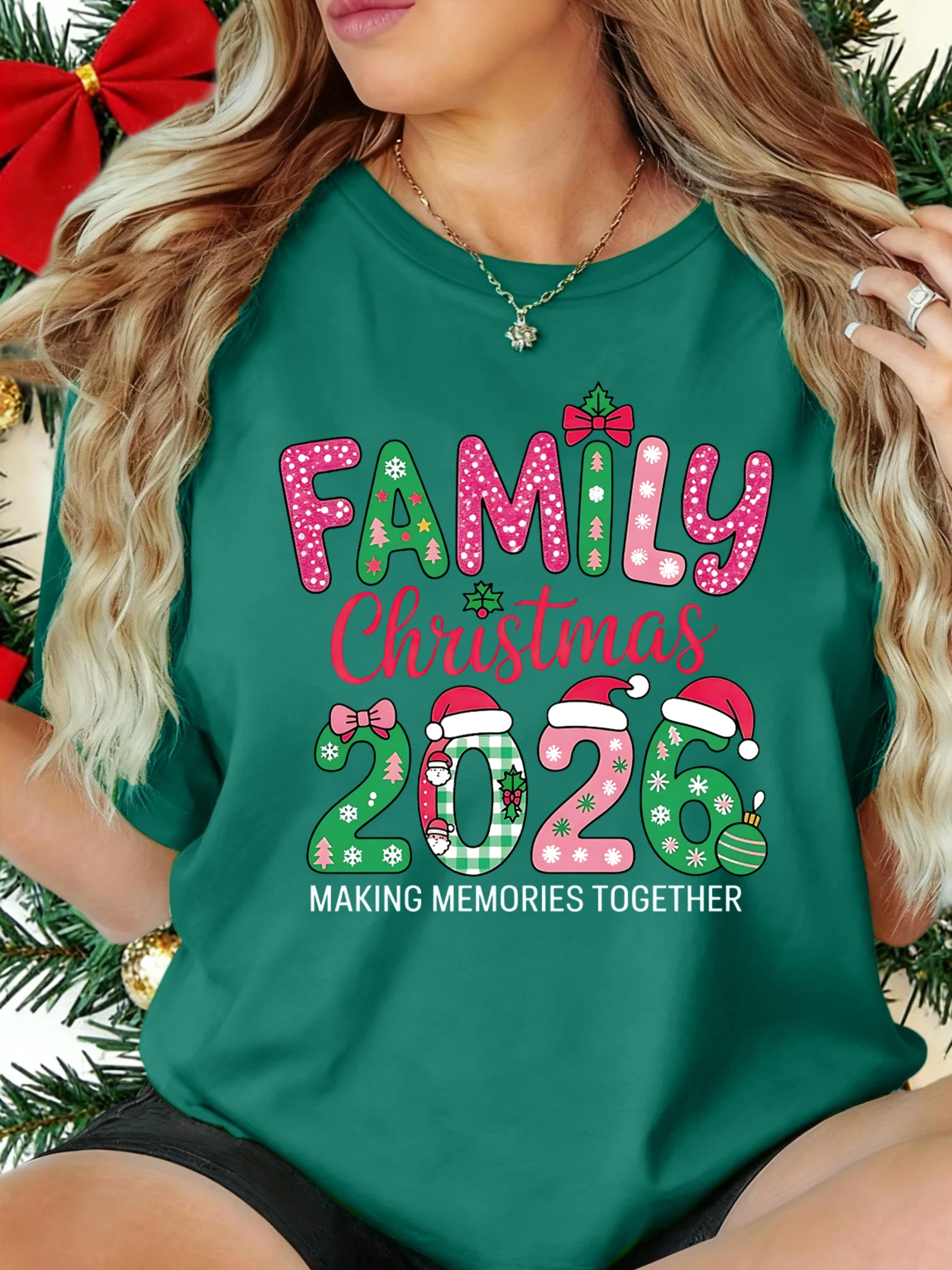 Świąteczna Koszulka Damska z Nadrukiem Wesołych Świąt i Szczęśliwej Rodziny 2026, Letnia Koszulka Y2K, Oddychająca, Wygodna, Miękka Koszulka z Krótkim Rękawem i Okrągłym Dekoltem