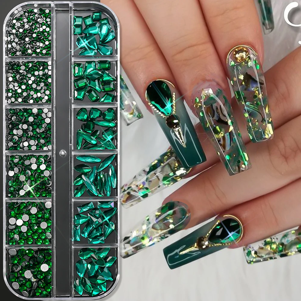 12-شبكة الزمرد الأخضر ثلاثية الأبعاد أحجار الراين الزجاجية متعددة الأشكال هندسية مسطحة مسمار الأحجار الكريمة الفاخرة الأخضر لتقوم بها بنفسك زينة الأظافر لوازم =