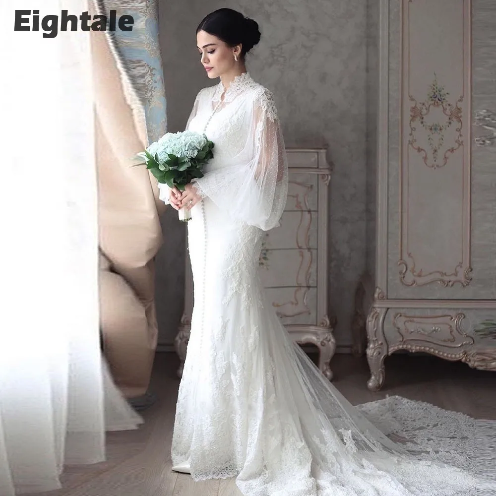 Eightale Abito da sposa arabo Personalizzato Applicazioni in pizzo Maniche lunghe Bianco Avorio Tulle Abito da sposa a sirena Vestido De Noiva