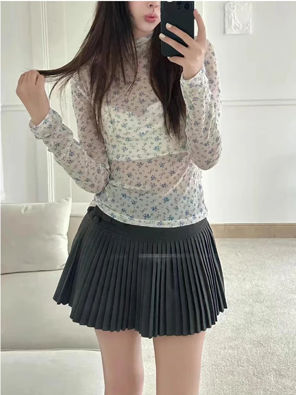 블루 플로럴 프린트 베이스 레이어 irt 여성용 슬림핏 롱 Sve f 하이 칼라 티셔츠 봄 시즌 패셔너블 이너웨어...