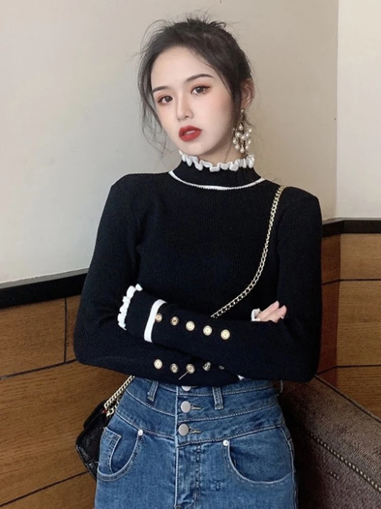 

Mock Neck Sweater Women Fashion 2024 Autumn Spring Tops Women Knitted Pullovers Long Sleeve Jumper Pull Femme Clothing R03