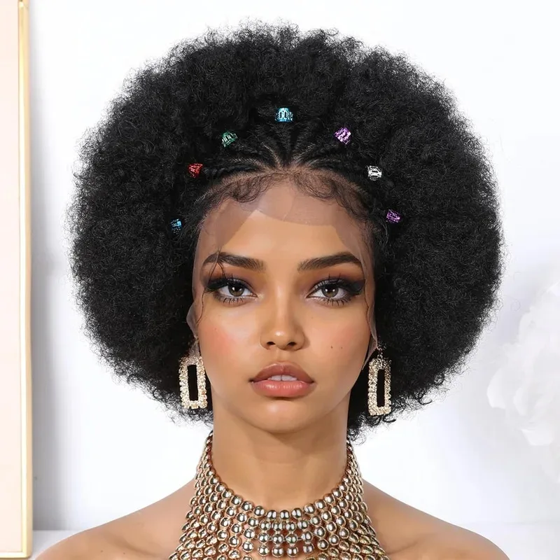 

Бесклеевой для женщин Cornrow Плетеный 13x4 Кудрявый вьющийся парик Афро Puff Кружева Фронтальные волосы Парики Синтетические; 3,v'9.e; 7'