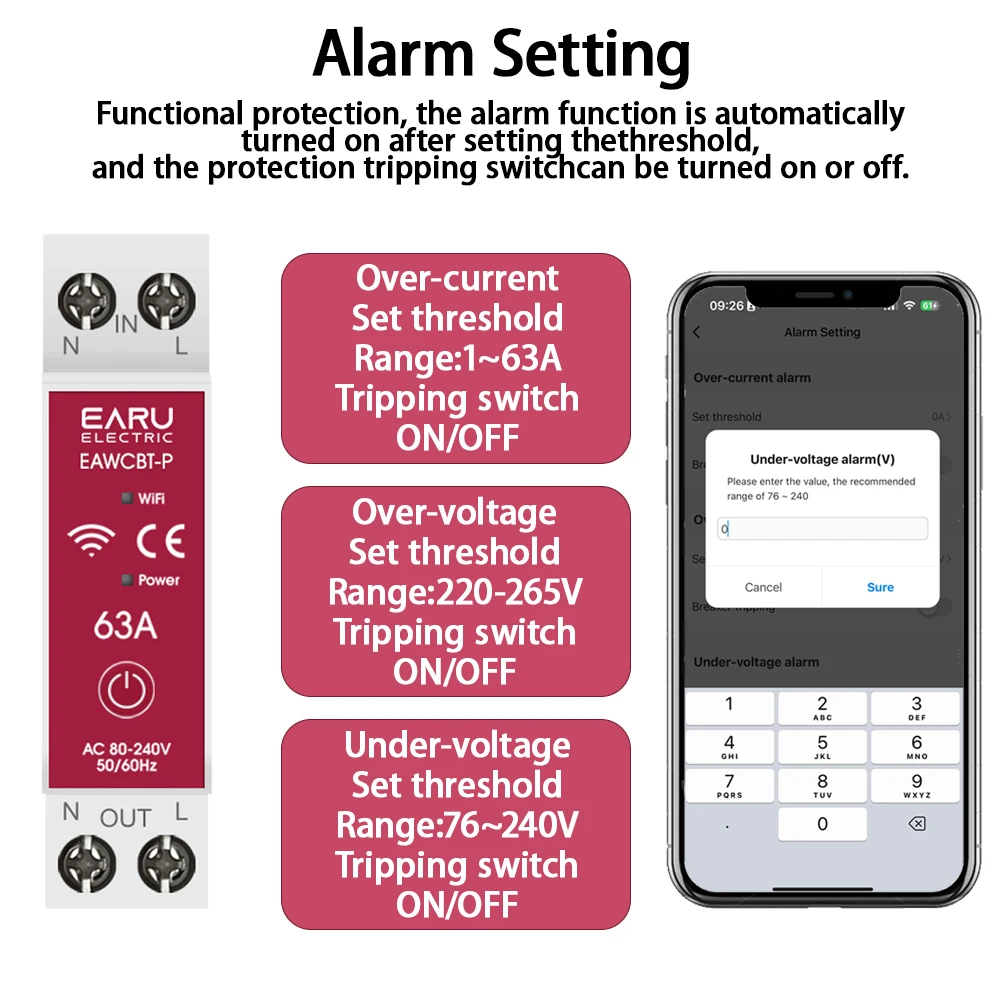 Tuya WiFi Smart Circuit Breaker EAWCBT-P MCB Timer 1P + N 63A Power Energy Voltage protezione corrente interruttore di controllo remoto vocale