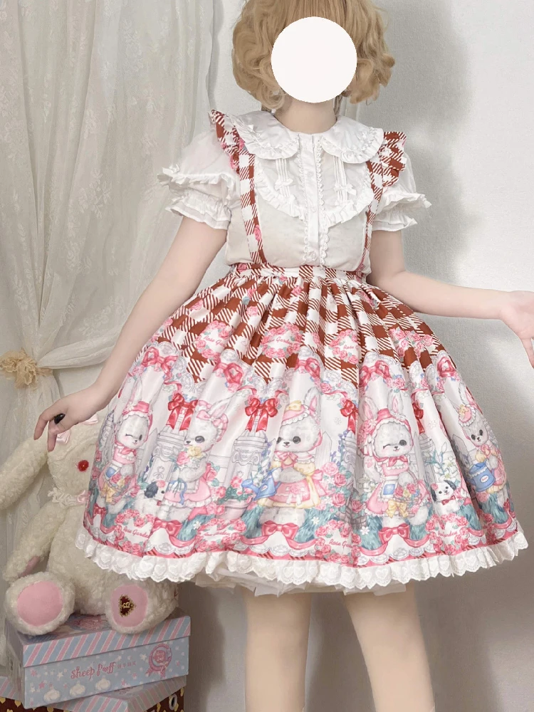 Japanese Kawaii Lolita Style Women Jsk Skirt Summer Plaid Rose Garden Rabbit Cartoon Print Half Skirt Set Carrying Strap Skirts