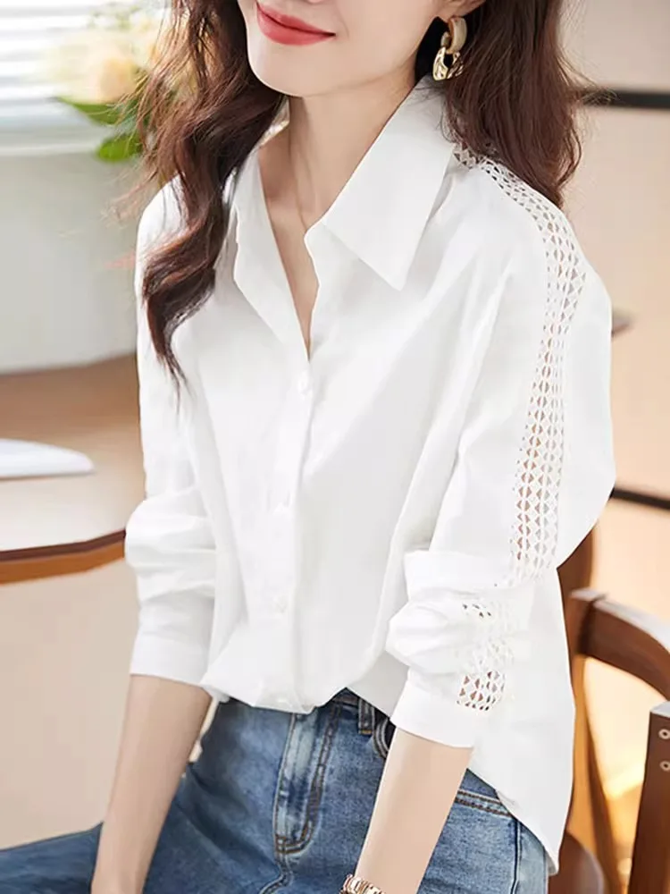 

Летняя новинка: Элегантная свободная шифоновая рубашка большого размера для женщин с ажурными длинными рукавами, повседневная и универсальная, стройнящая белая блузка