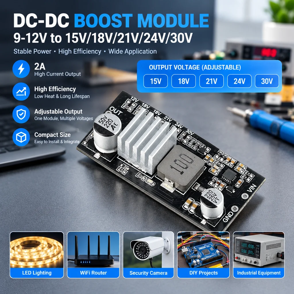 9-12V to 15V/18V/21V/24V/30V DC-DC Boost Step-up Module 2A Base on IP6752 High Conversion Efficiency for DIY&Industrial Use