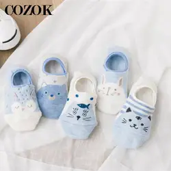 10pcs=5pairs/lot Summer Cotoon Socks Women Cartoon Animal Head Lovely Girls Women Boat Socks Invisible Silica Gel Sock Slippers