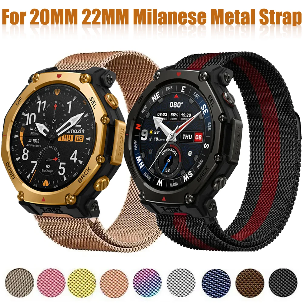20mm 22mm Flat Interface Universal Width Milan Metal Strap for Amazfit T-Rex3 Pro/Balance 2/Huawei GT6/5 46mm Magnetic Wristband
