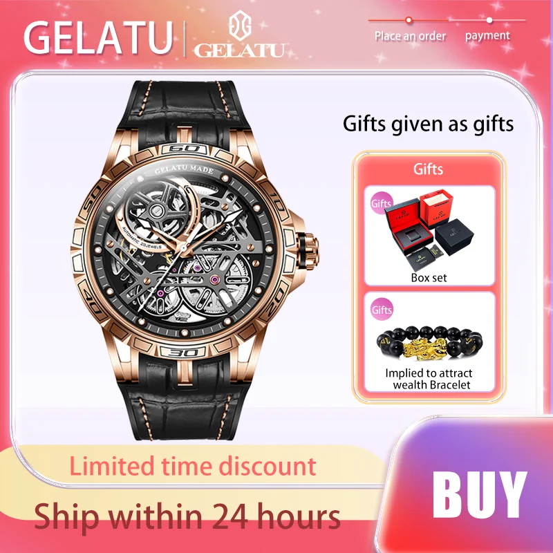 

GELATU Original Men's Watches Fully Automatic Mechanical Watch Waterproof Leather Strap Hollow Out High Quality Brand Wristwatch