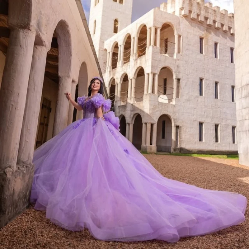 

Customized Purple Quinceanera Dresses Off the Shoulder decal crystal 3D flower Tull Long tail Vestido 15 Quinceanera