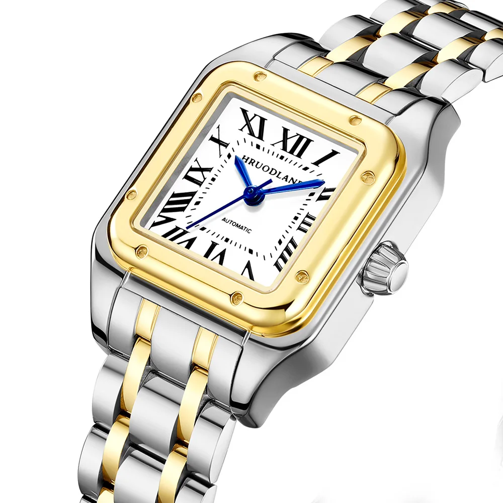 HRUODLAND Women's Square Automatic Watch 27mm Luxury Mechanical Watch Panther Style Watch Roman Numeral Dial Sapphire Crystal