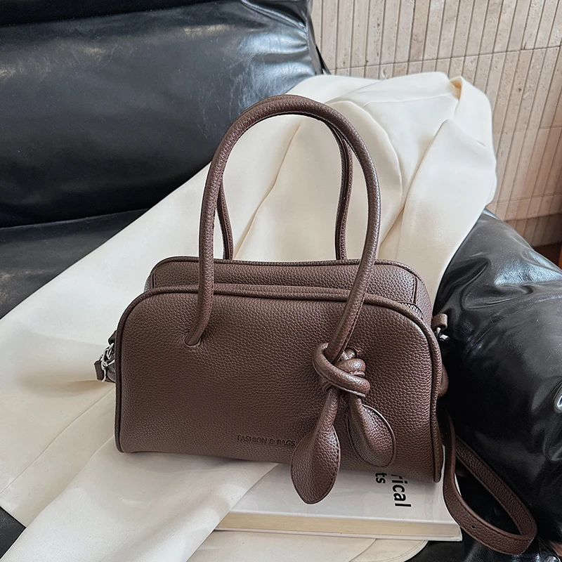 

Textured Leather Top Handle Bag Knot Detail 2-in-1 Crossbody Handbag Elegant Minimalist Daily Commute 2025 New Trend Casual Bag