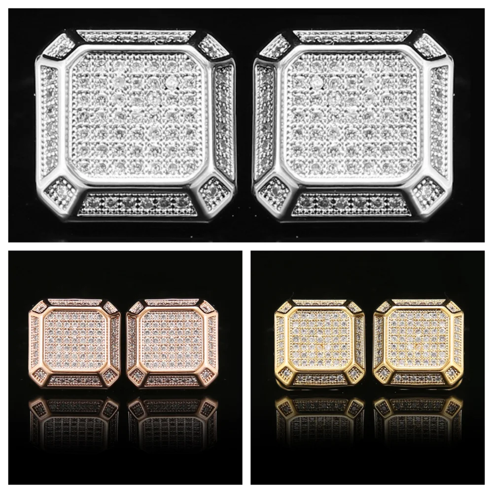 Hip Hop Full Paved Crystal Square Cufflinks Men 3‑Tone Metal Cuff Links Business Wedding Formal Dress Shirt for Gentleman