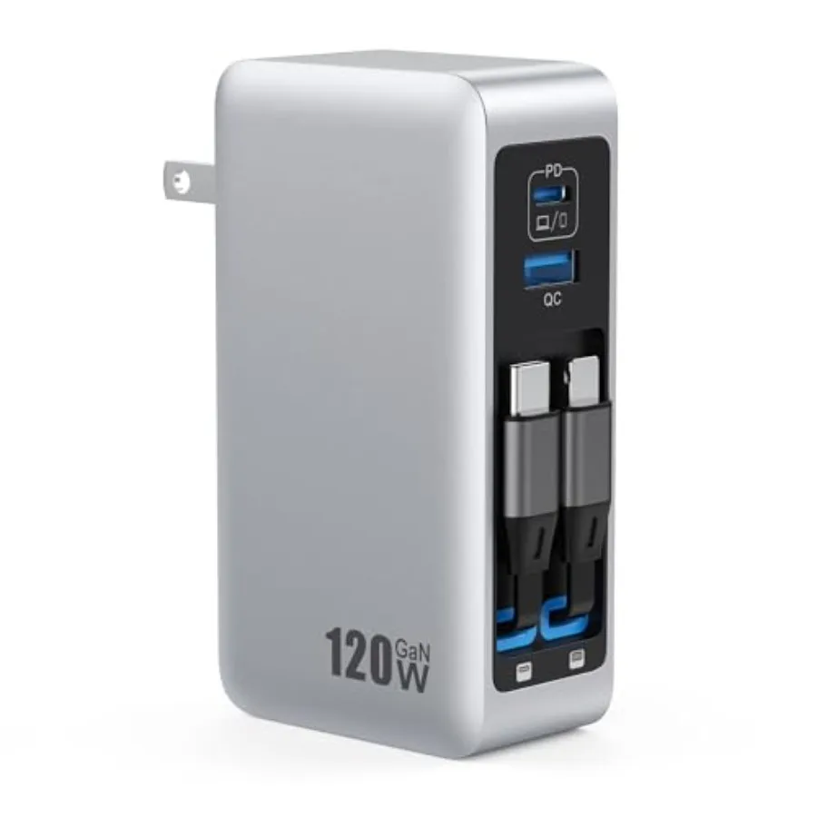 

Зарядное устройство USB-C 120 Вт с 2 встроенными выдвижными кабелями, 4-в-1, GaN IV, складная вилка, настенное зарядное устройство, станция быстрой зарядки PD 6