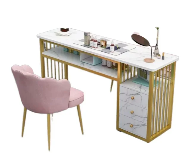 Modern Pink Wooden Nail Table with Durable Metal Base Commercial Beauty Salon Furniture Stylish Nail Station