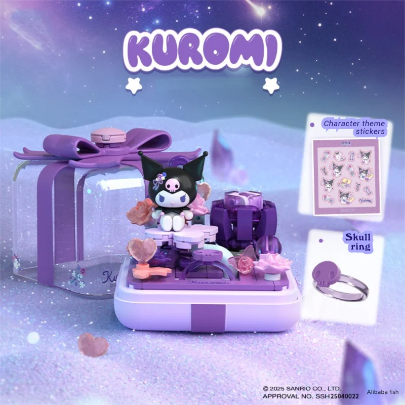 Sanrio 아크릴 링 박스 블라인드 박스 빌딩 블록 Hellokitty Kuromi Pochacco 모델 벽돌 장식품 어린이를위한 장난감 휴일 선물