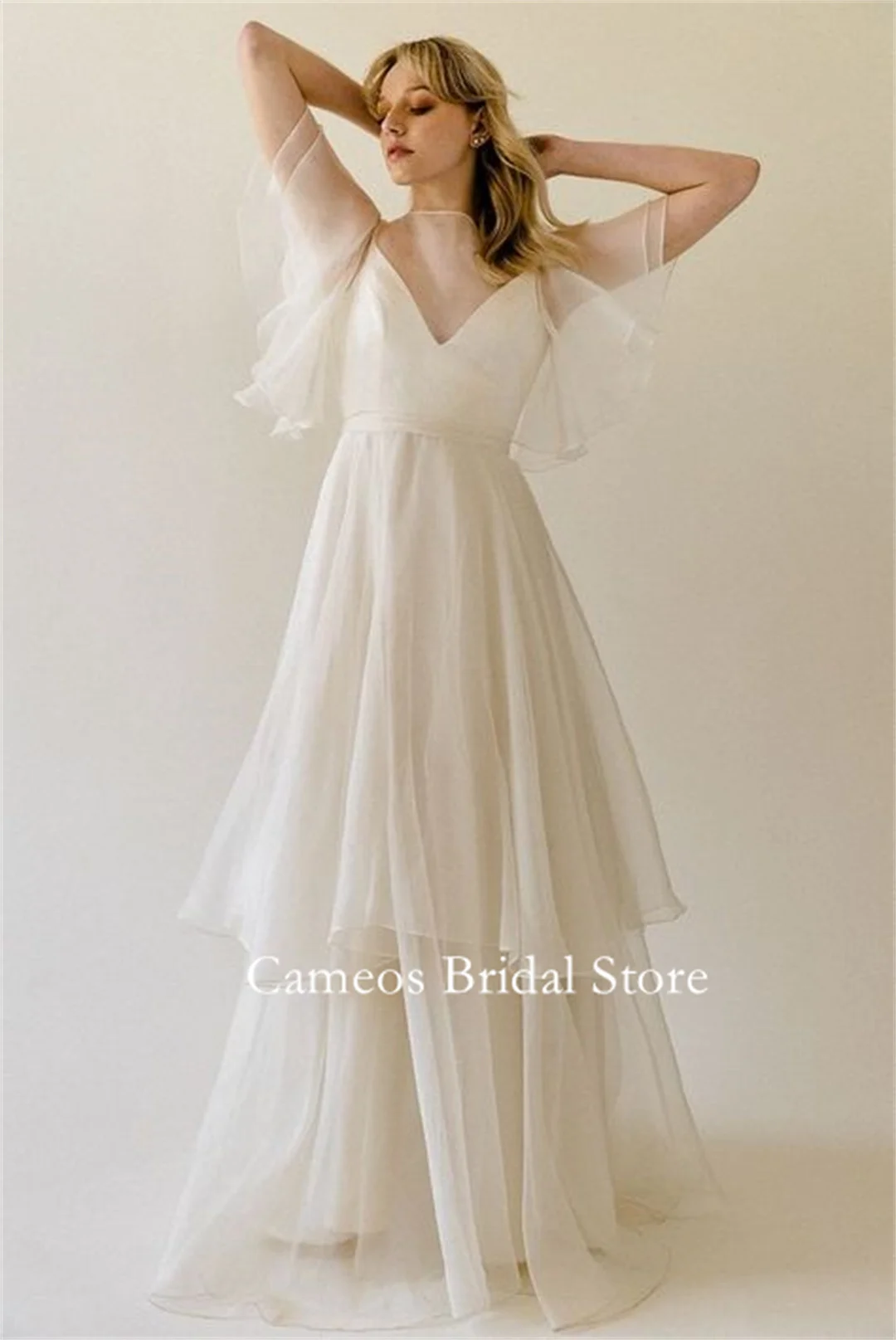 Cameos Fashion كوريا طبقات الأكمام الأورجانزا فساتين الزفاف الخامس الرقبة الطابق طول صورة تبادل لاطلاق النار مشد ثوب الزفاف مخصص