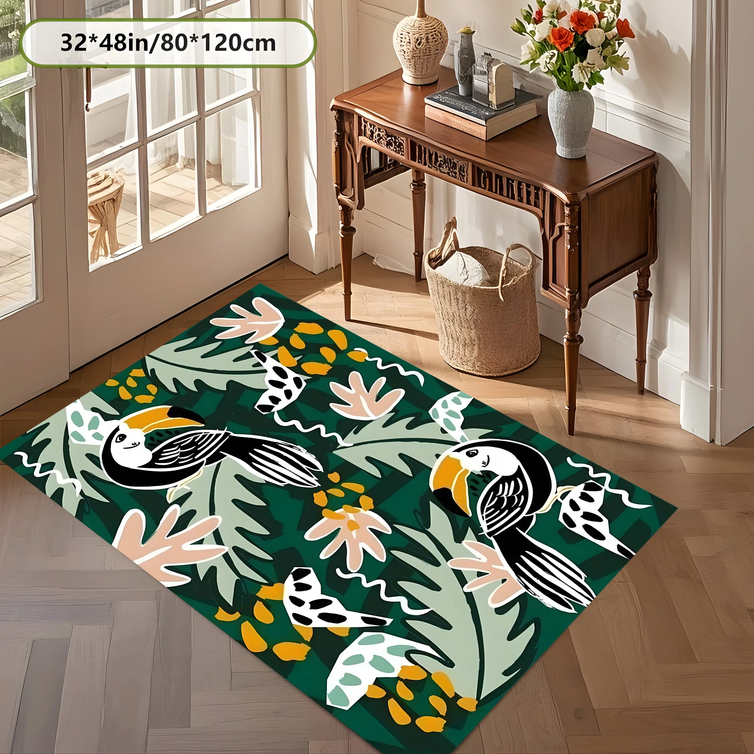 2D Carpet with Hand-Painted Toucan and Tropical Floral Pattern for Living Room, Bedroom, and Bedside
