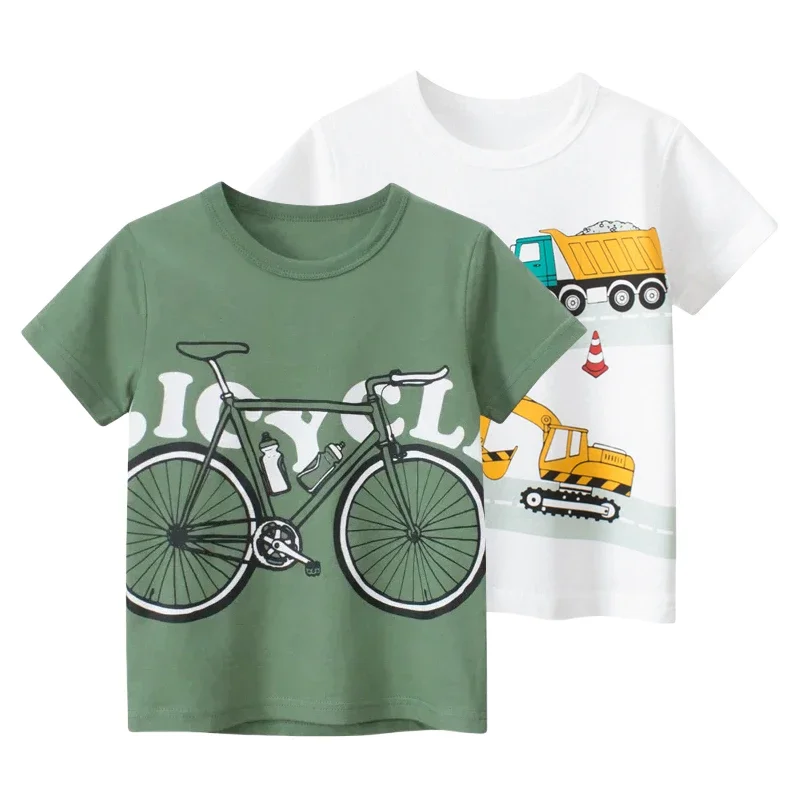 2025 Summer New Boys Cartoon Bicycle Children's T-Shirt Kids Fashion Short Sleeve Cotton Tops Excavator Tees Shirt 2-10 Years