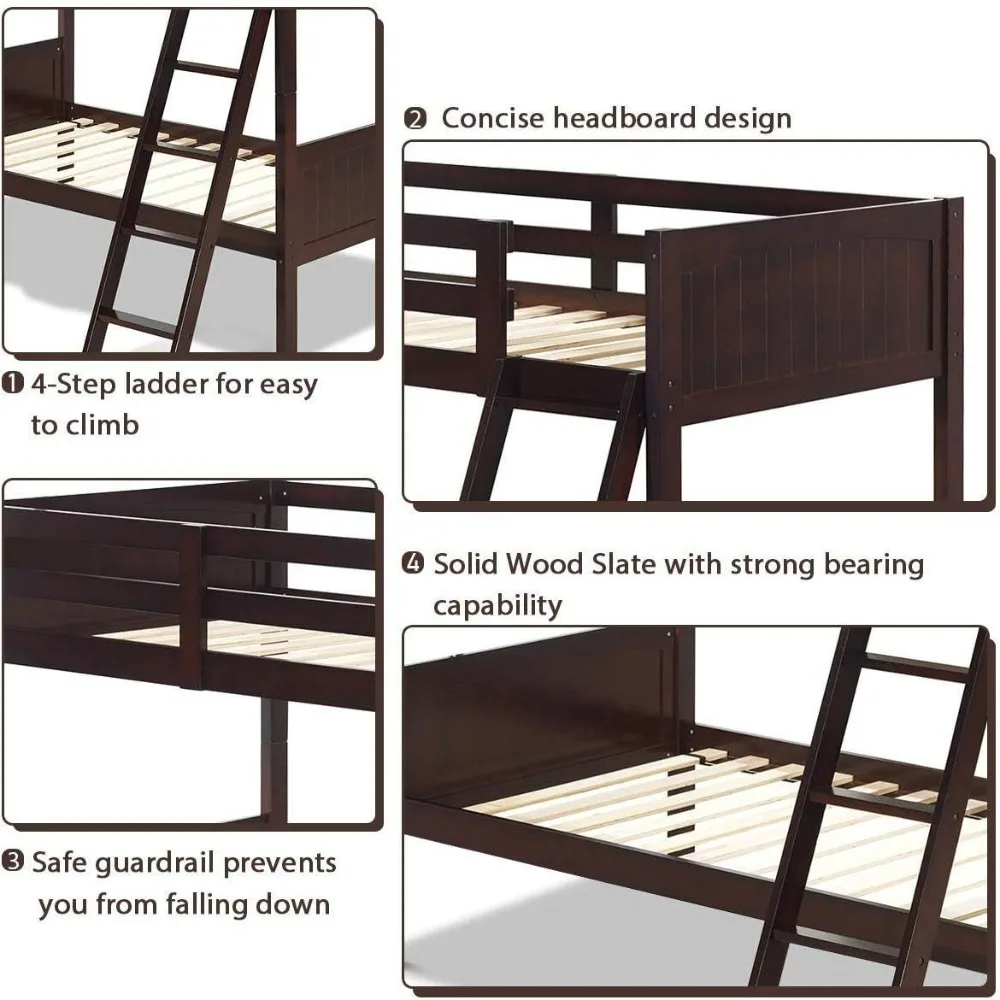 Twin Bunk Beds with Ladder and Safety Rail, Bunk Bed Convertible Into 2 Single Beds for Kid, Twin Over Sleeping Bed for Doritory